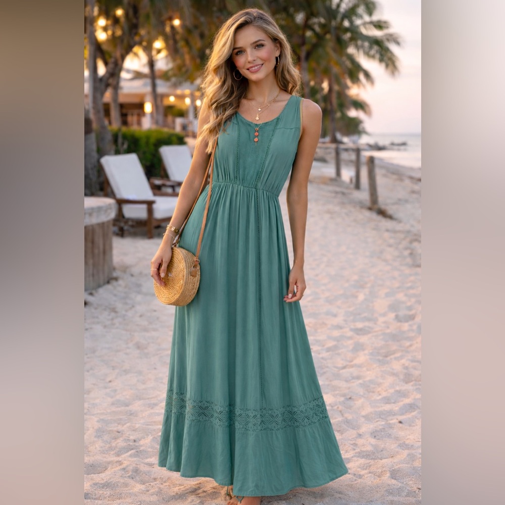NWT Coastal Resort Teal In The Valley Maxi Empire Waist prairie dress
